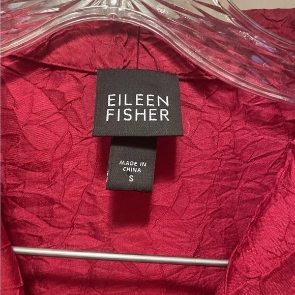 Eileen Fisher Crushed Dupioni Silk Crinkled Red Collared Button Blouse Size S - Picture 4 of 6